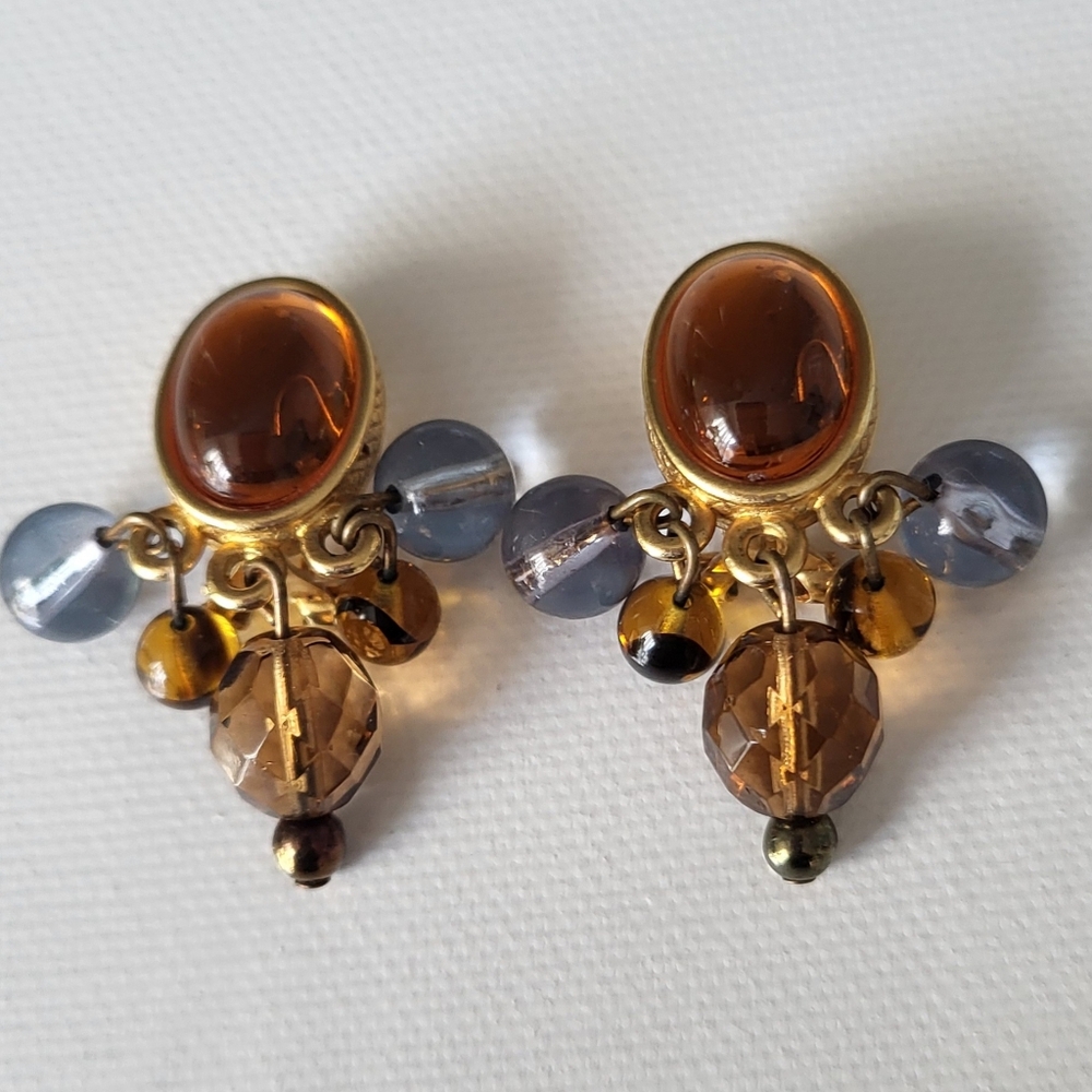 Vintage LIZ CLAIBORNE Goldtone and Brown Dangle Clip Earrings